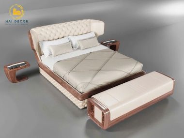 Giường gỗ tự nhiên thiết kế tối giản cho không gian phòng ngủ hiện đại
