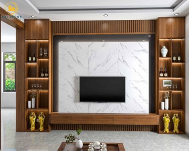 Tuyển tập các mẫu vách ngăn rượu kết hợp kệ Tivi sang trọng