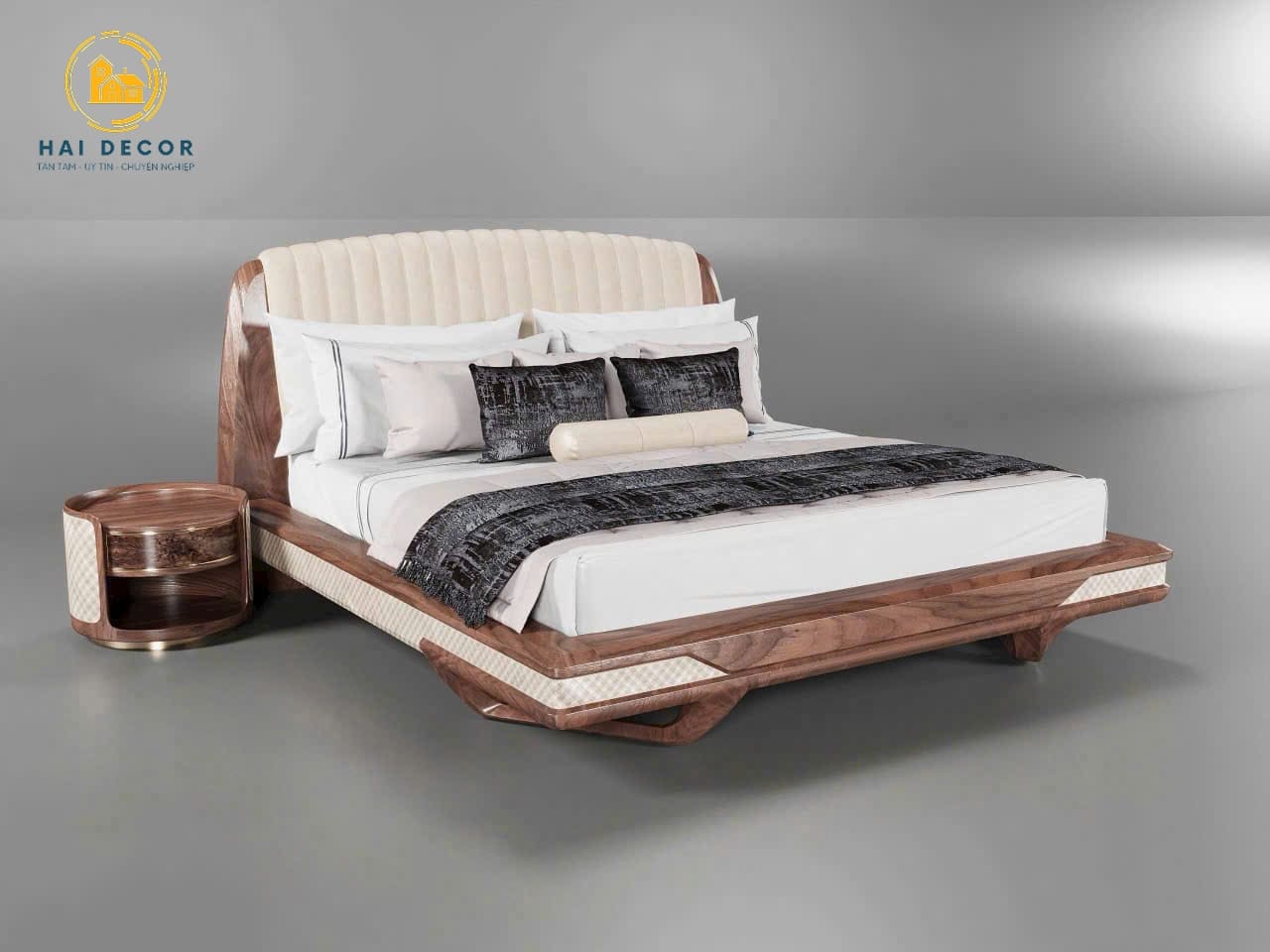 Giường gỗ tự nhiên thiết kế tối giản cho không gian phòng ngủ hiện đại